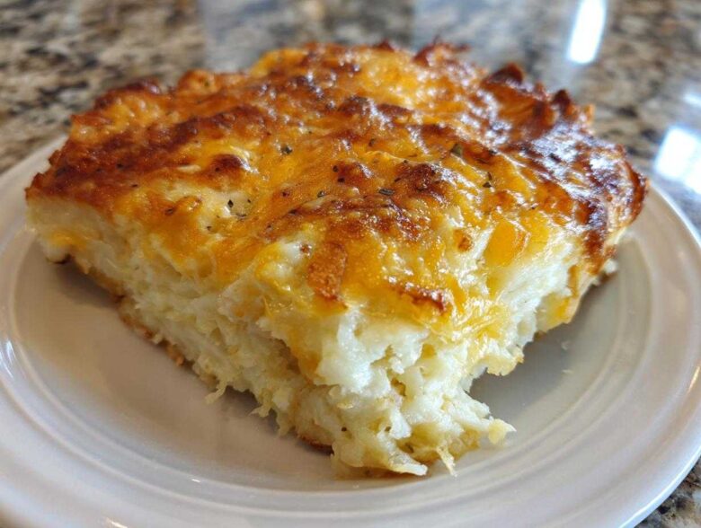 A close-up of a square serving of Copycat Cracker Barrel Hashbrown Casserole with a golden, cheesy top.