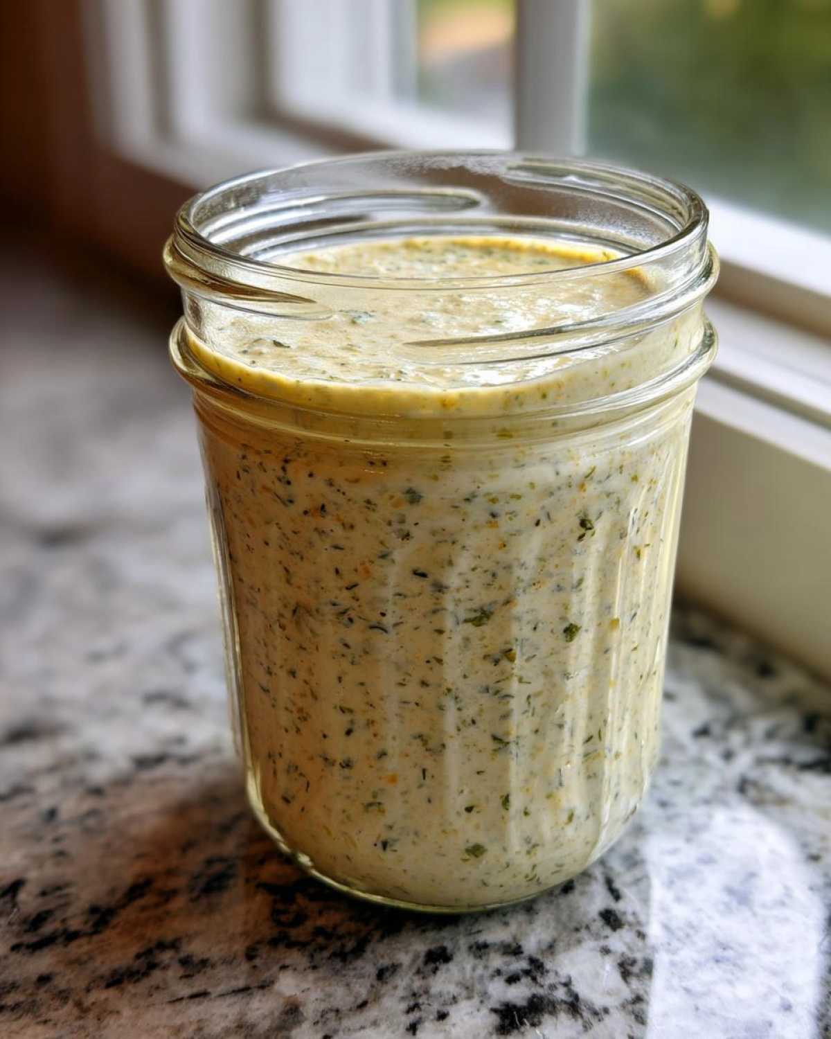 A glass jar filled with creamy, herb-flecked Copycat Olive Garden Salad Dressing sitting on a granite countertop.