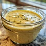 Close-up of creamy, yellow Copycat Olive Garden Salad Dressing in a small glass jar, topped with herbs.