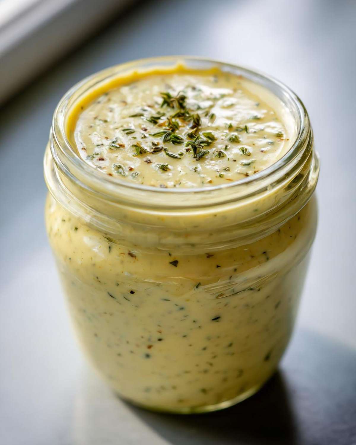 Close-up of creamy, yellow Copycat Olive Garden Salad Dressing in a glass jar, topped with herbs.