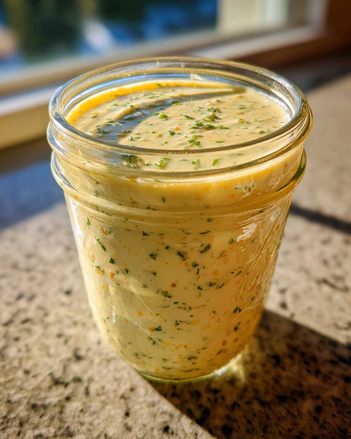 Creamy, yellow Copycat Olive Garden Salad Dressing with visible herbs and spices in a glass jar.