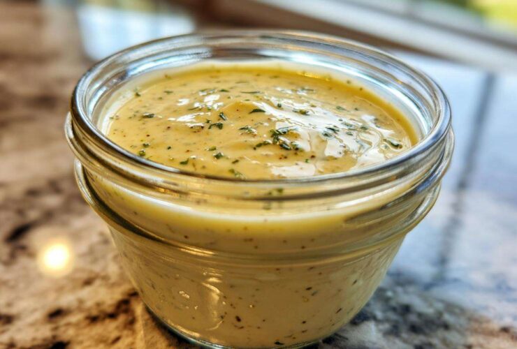 Close-up of creamy, yellow Copycat Olive Garden Salad Dressing in a small glass jar, topped with herbs.