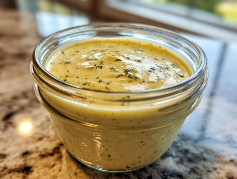 Close-up of creamy, yellow Copycat Olive Garden Salad Dressing in a small glass jar, topped with herbs.