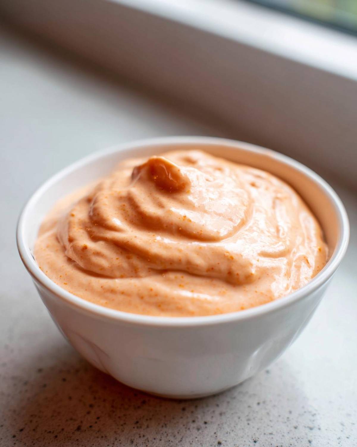 Close-up of creamy, orange-tinted Copycat Raising Cane’s Sauce in a small white bowl.