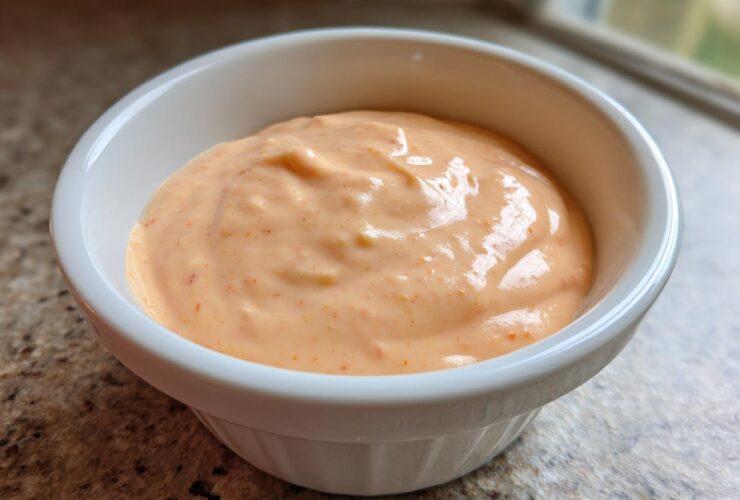 Close-up of creamy, orange-hued Copycat Raising Cane’s Sauce served in a small white ramekin.