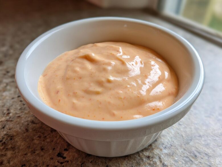Close-up of creamy, orange-hued Copycat Raising Cane’s Sauce served in a small white ramekin.