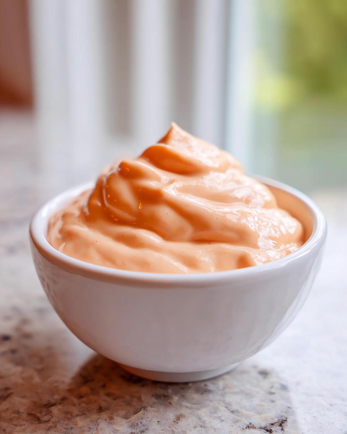 A close-up of thick, creamy Copycat Raising Cane’s Sauce swirled high in a small white dipping bowl.
