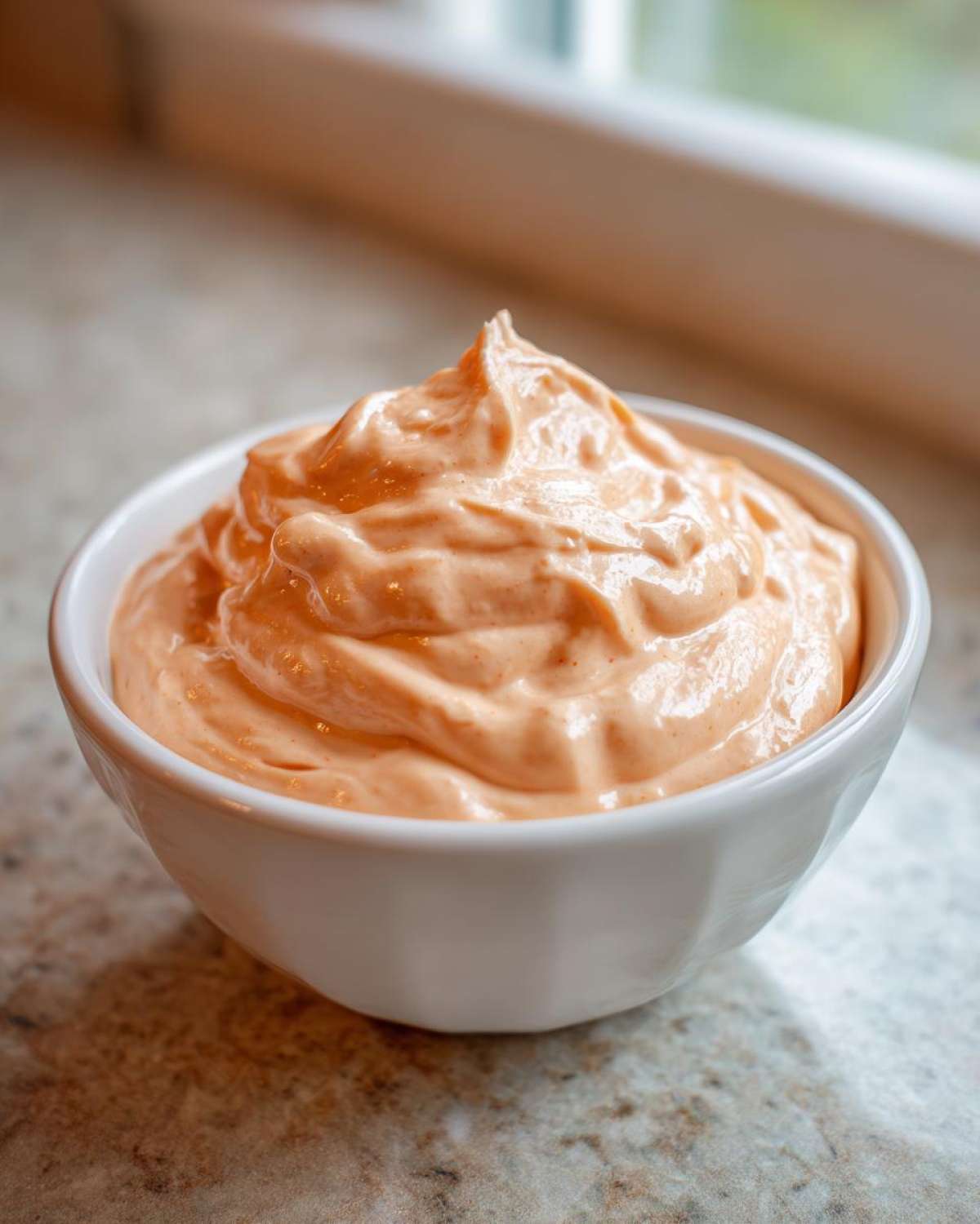 A close-up of thick, creamy, orange-colored Copycat Raising Cane’s Sauce swirled high in a small white bowl.