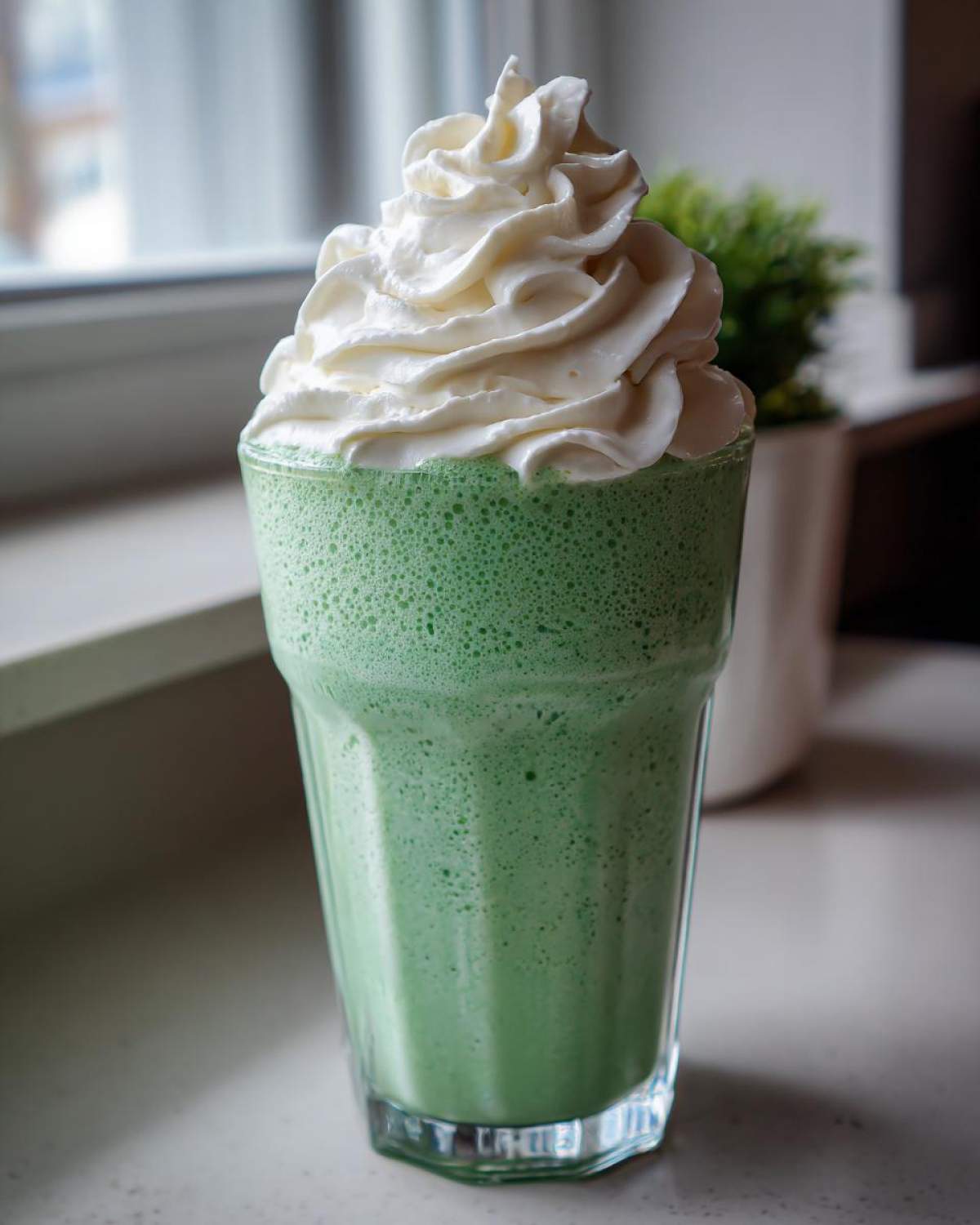 A tall glass filled with a vibrant green Copycat Shamrock Shake topped high with swirled white mint whipped cream.