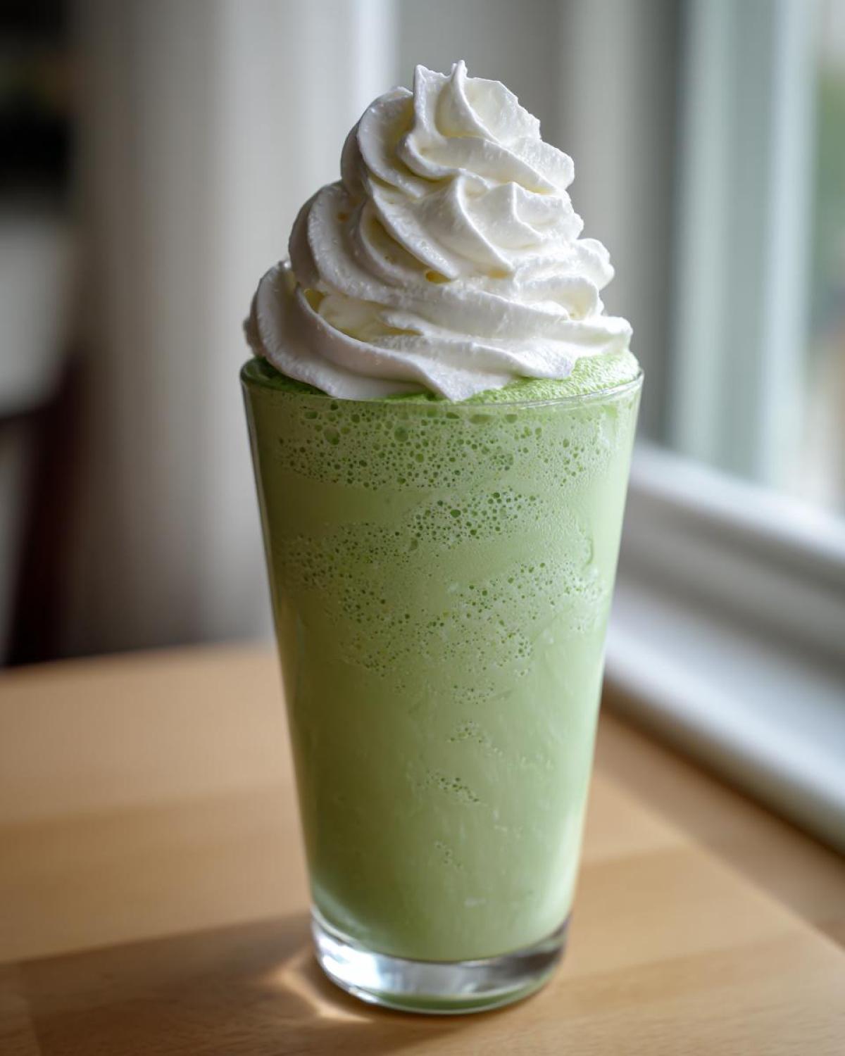 A tall glass filled with a thick, green Copycat Shamrock Shake topped with a swirl of white mint whipped cream.