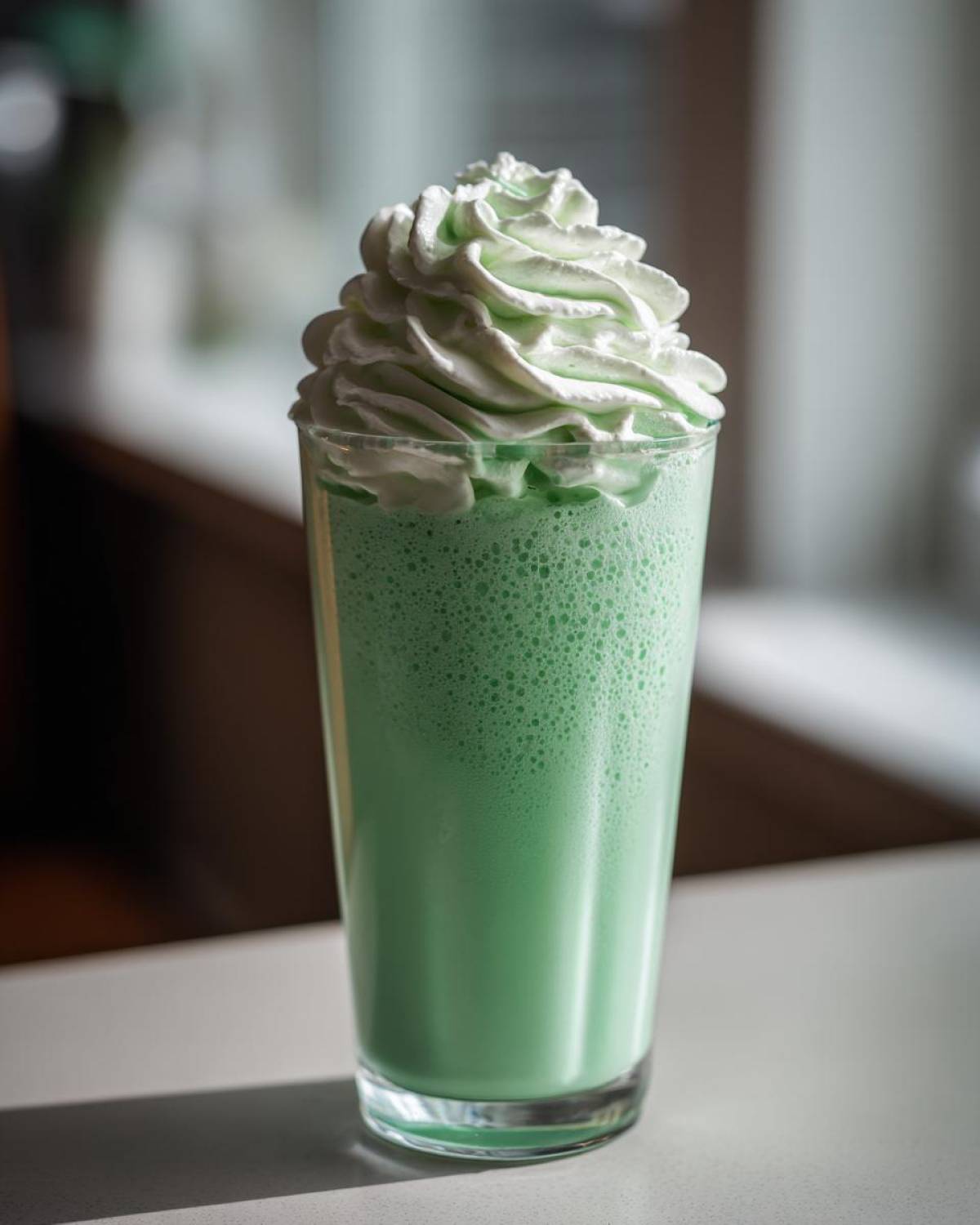 Tall glass of bright green Copycat Shamrock Shake topped with a swirl of mint whipped cream.