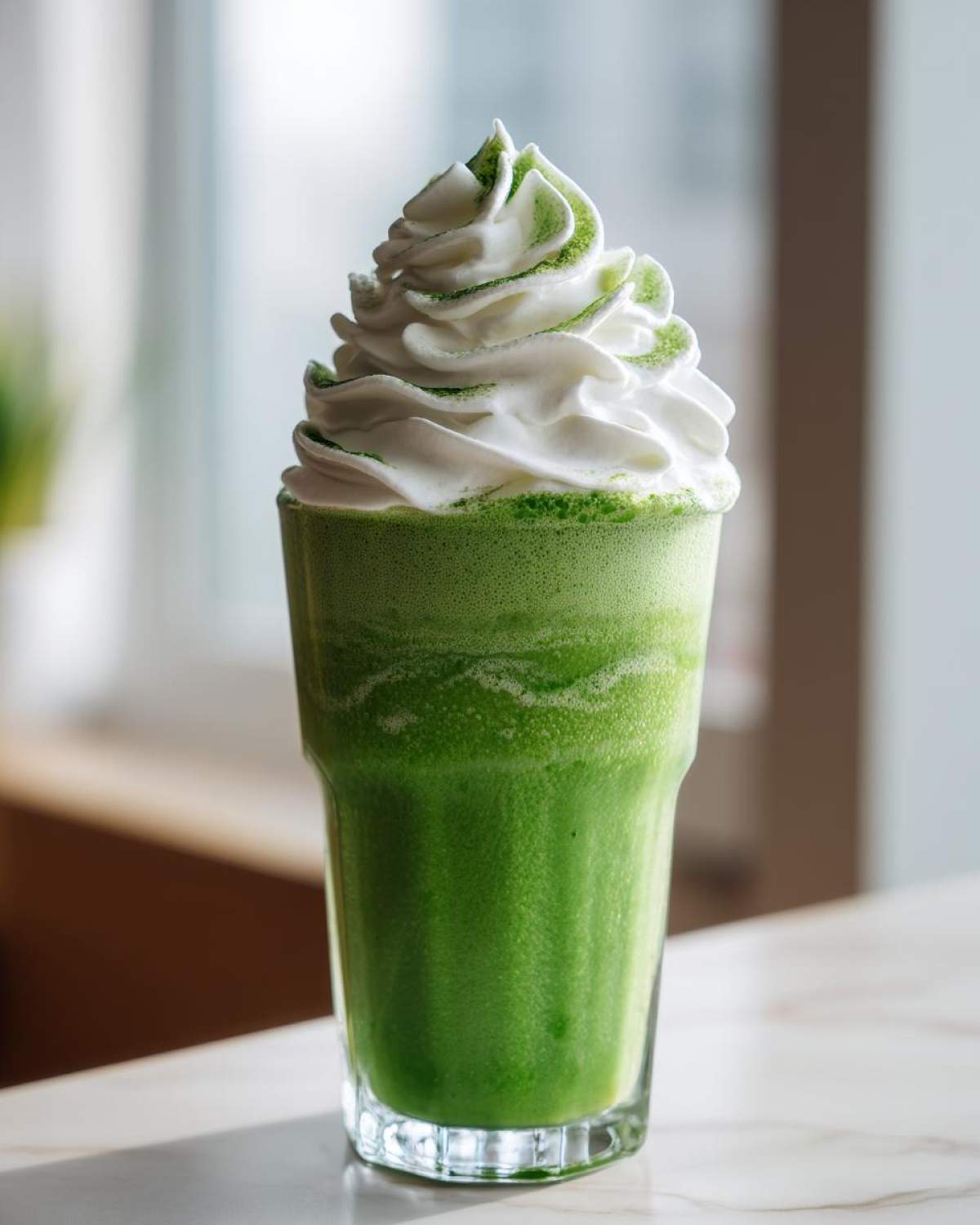 A tall glass filled with a vibrant green Copycat Shamrock Shake topped with white whipped cream dusted with green powder.