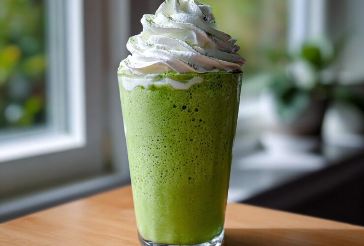 A tall glass filled with a bright green Copycat Shamrock Shake topped with whipped cream.