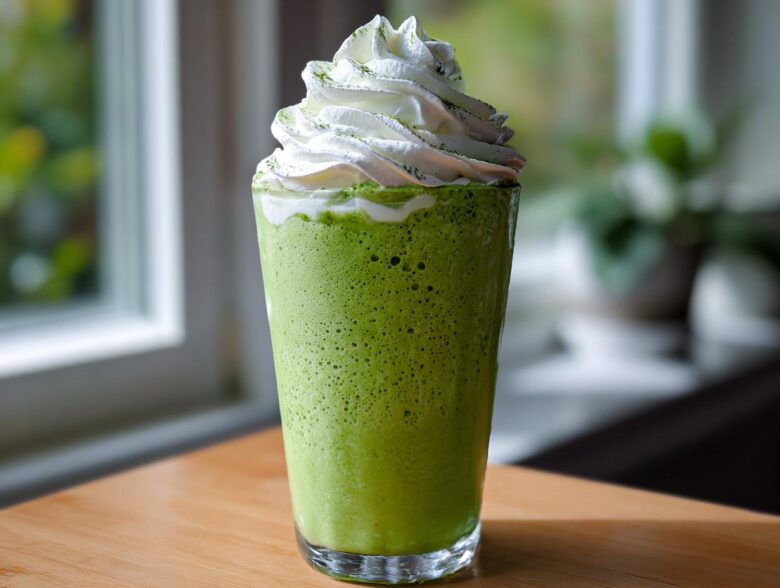 A tall glass filled with a bright green Copycat Shamrock Shake topped with whipped cream.