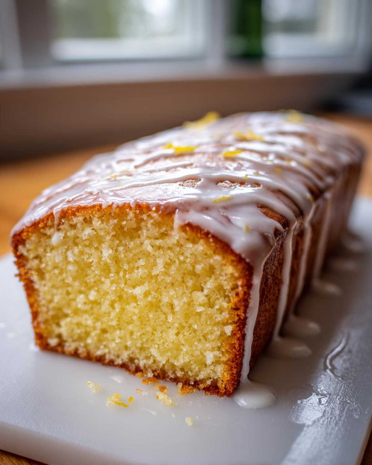Close-up of a slice of Copycat Starbucks Iced Lemon Loaf with thick white glaze dripping down the side.