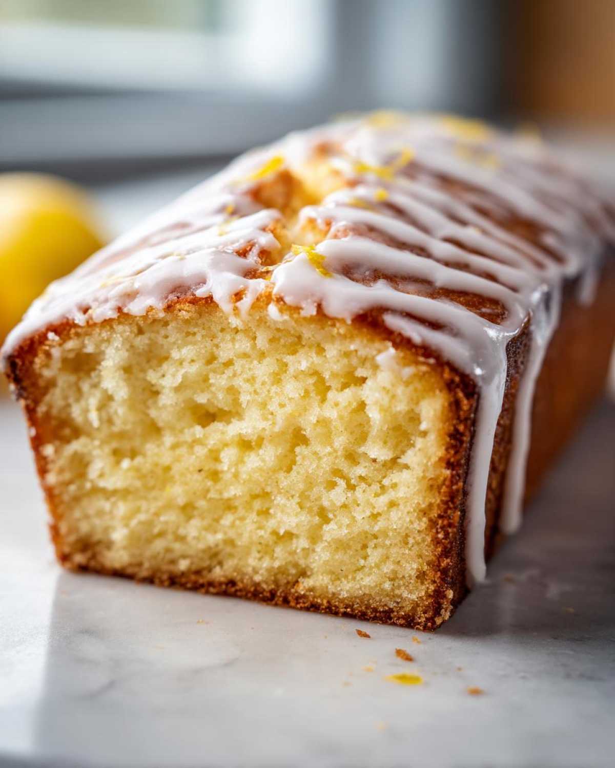 A moist slice of Copycat Starbucks Iced Lemon Loaf showing the crumb texture and white glaze drizzle.
