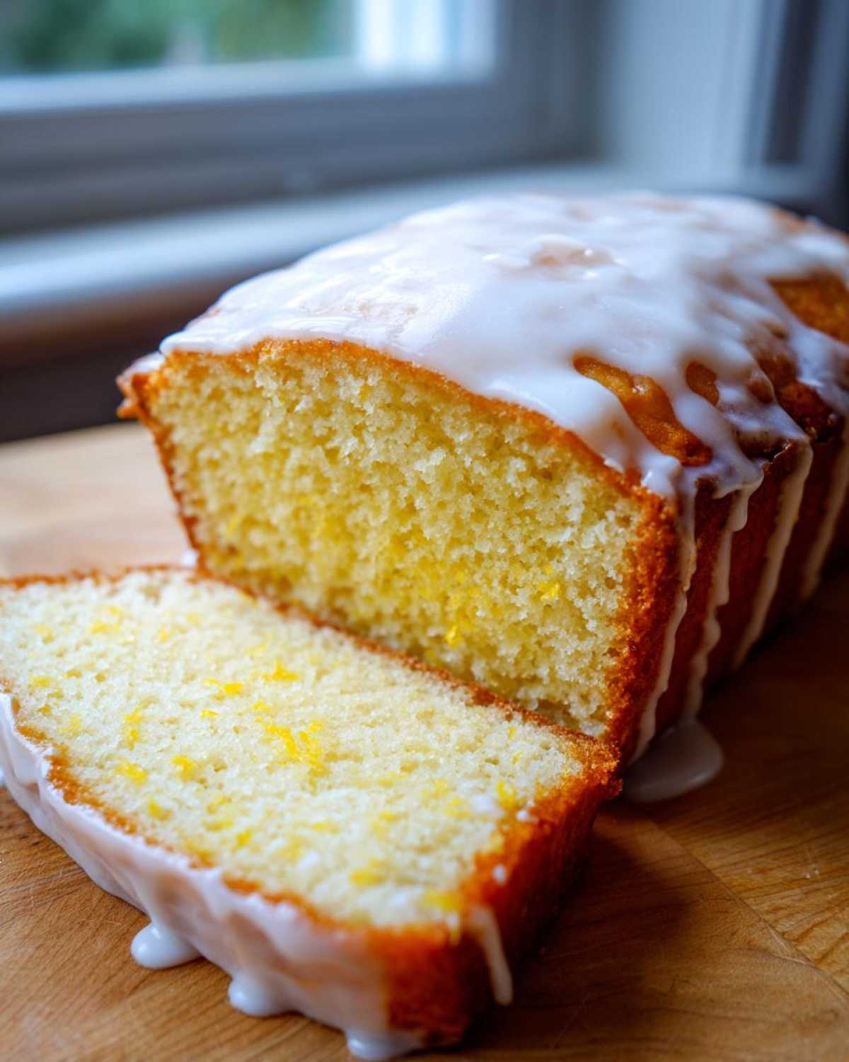 A close-up of a moist slice cut from a Copycat Starbucks Iced Lemon Loaf, covered in thick white glaze.