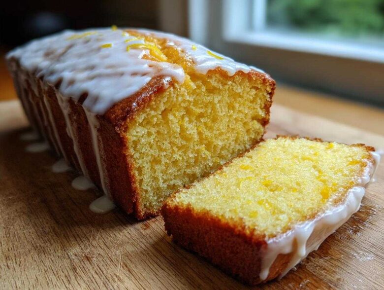 A moist Copycat Starbucks Iced Lemon Loaf cake with thick white glaze and lemon zest, next to a perfect slice.