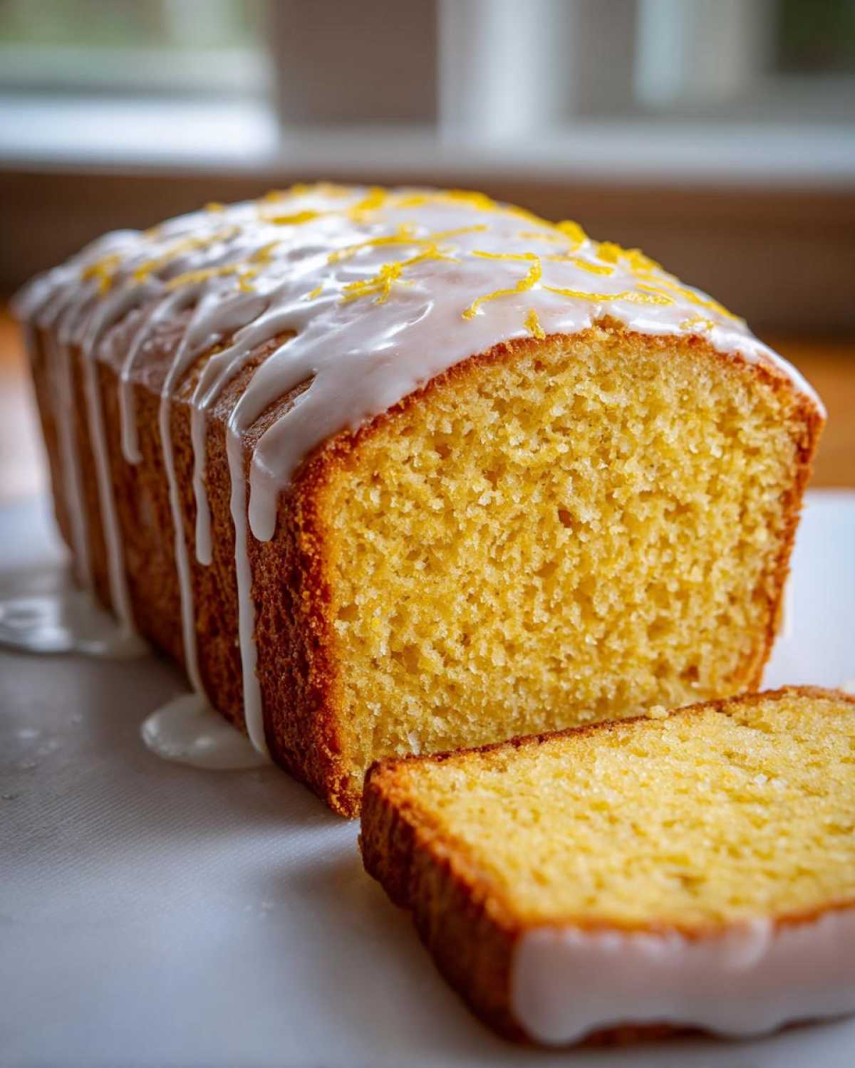 A moist, yellow loaf cake, resembling the Copycat Starbucks Iced Lemon Loaf, drizzled with white icing and lemon zest.