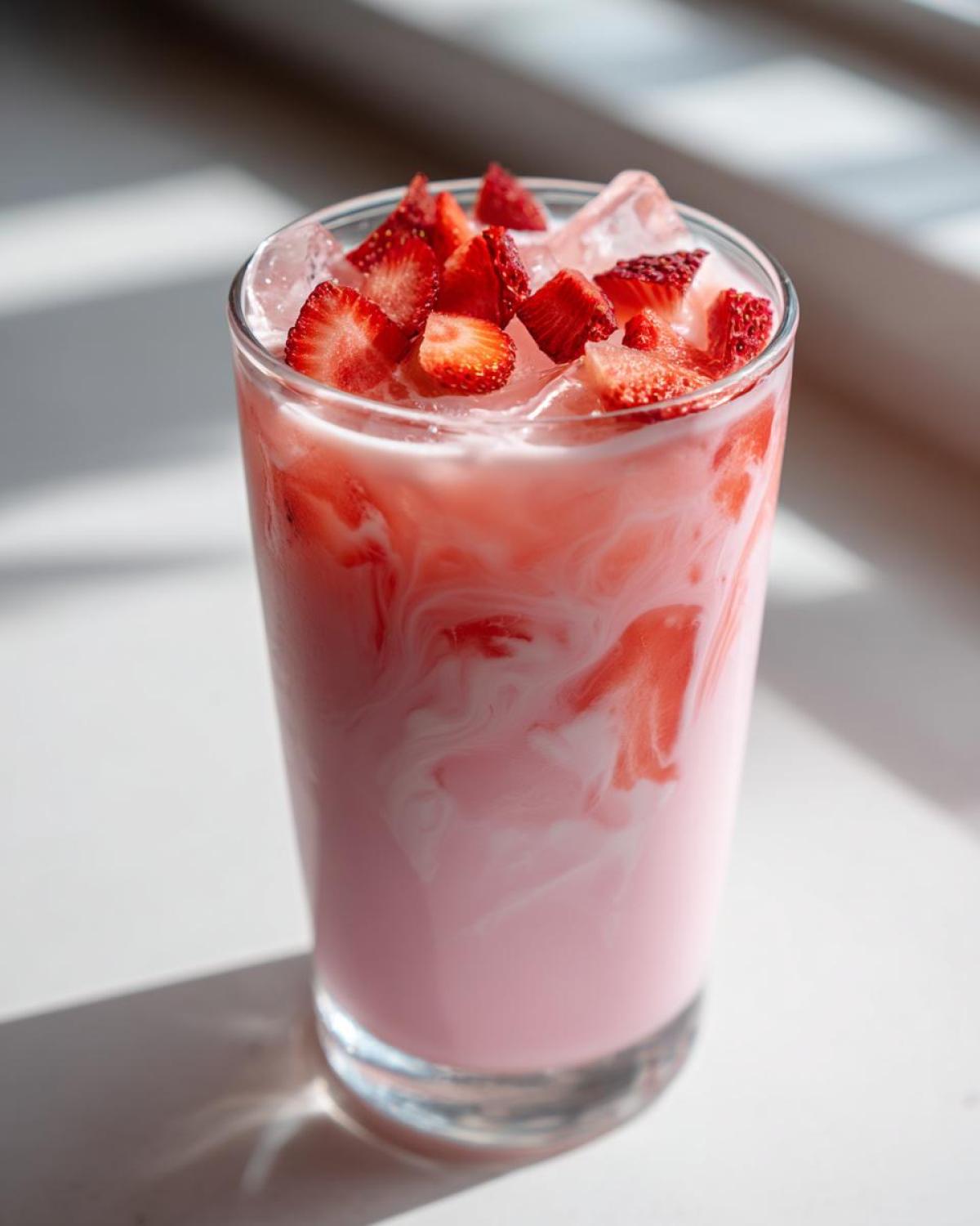 Close-up of a tall glass filled with a swirling pink and white Copycat Starbucks Pink Drink, topped with ice and fresh strawberry pieces.