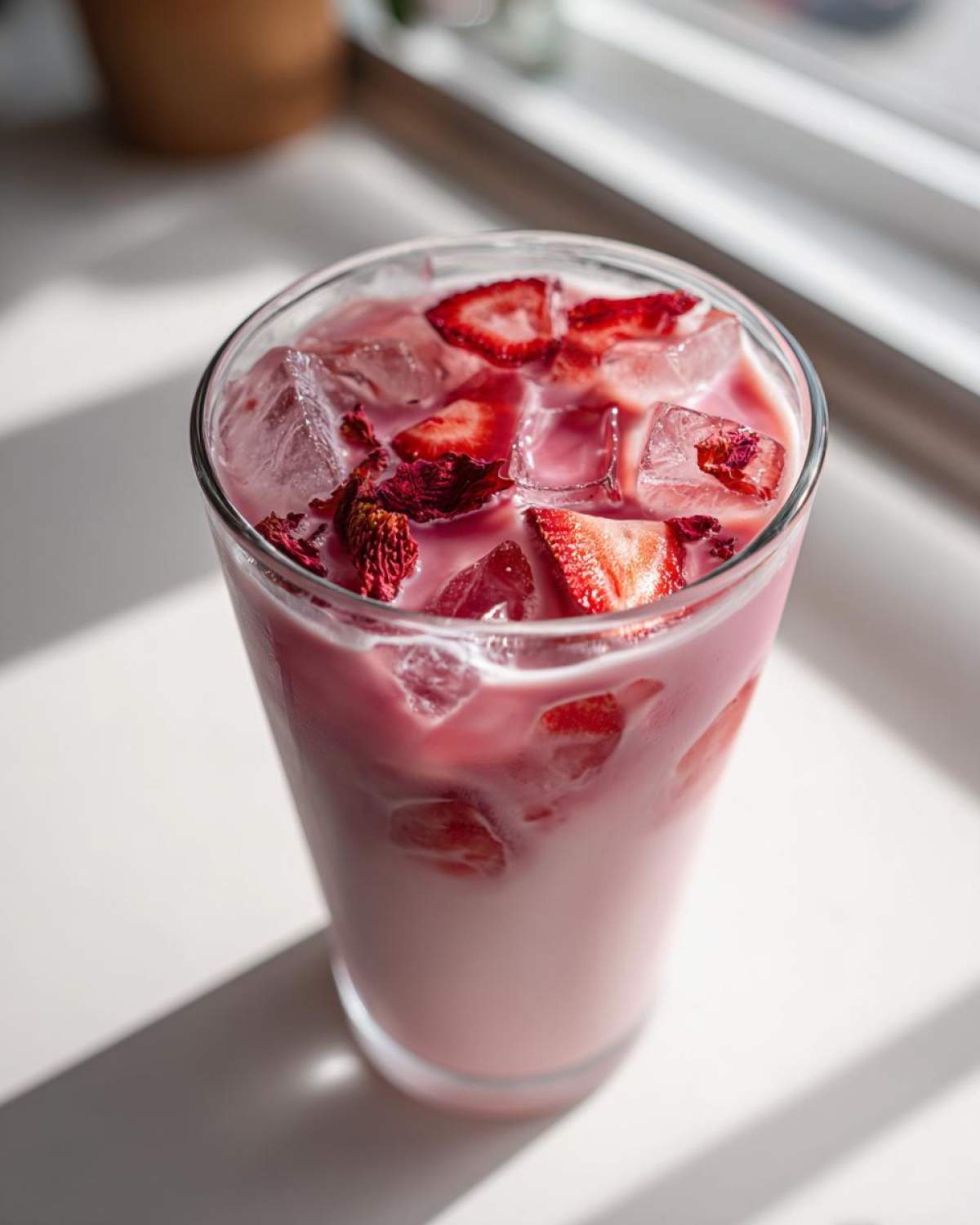 A tall glass filled with a creamy pink beverage, ice cubes, sliced strawberries, and dried fruit pieces, representing the Copycat Starbucks Pink Drink.