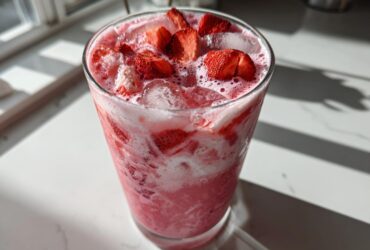 Close-up of a glass filled with a pink, creamy beverage, ice, and fresh strawberry pieces, resembling a Copycat Starbucks Pink Drink.