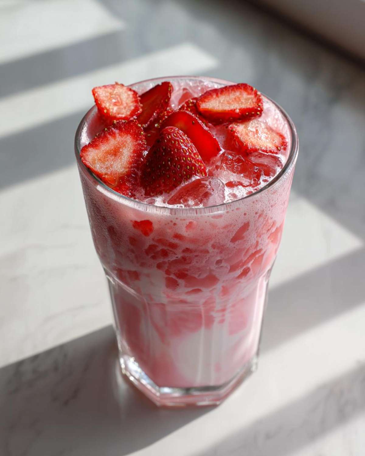 A tall glass filled with a swirling pink and white Copycat Starbucks Pink Drink, topped with ice and fresh strawberry slices.