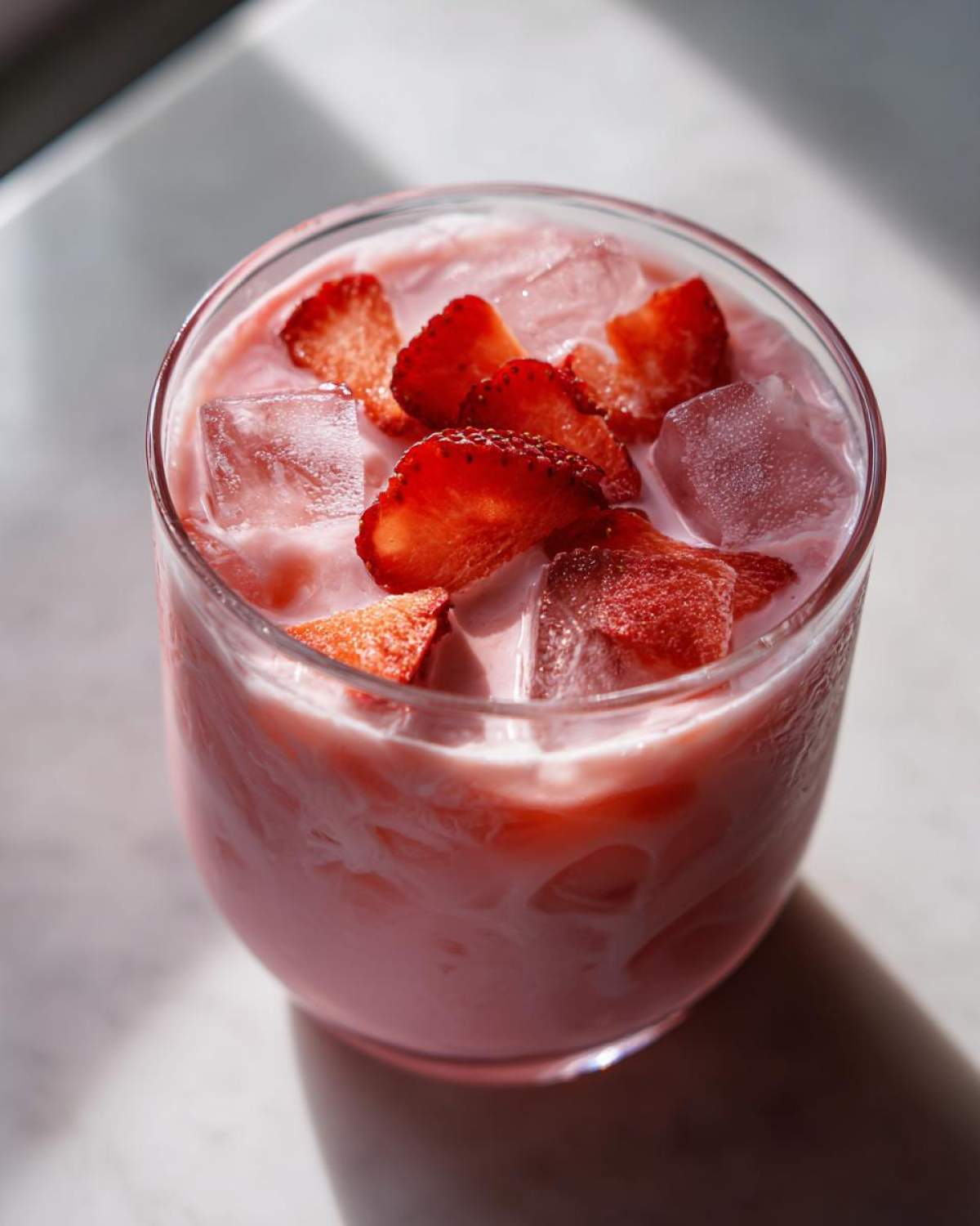 Close-up of a glass filled with Copycat Starbucks Pink Drink, ice, and fresh strawberry slices.
