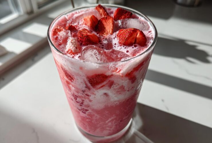 Close-up of a glass filled with a pink, creamy beverage, ice, and fresh strawberry pieces, resembling a Copycat Starbucks Pink Drink.