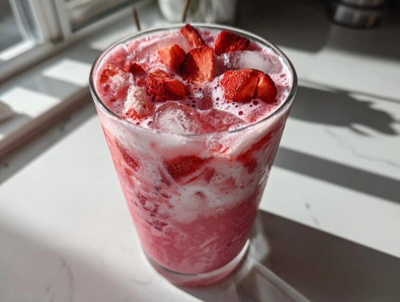 Close-up of a glass filled with a pink, creamy beverage, ice, and fresh strawberry pieces, resembling a Copycat Starbucks Pink Drink.