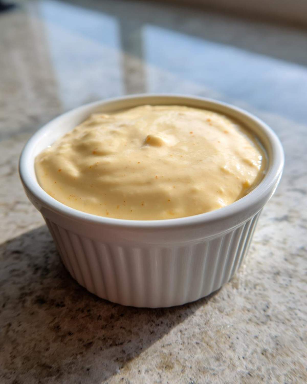 A close-up of creamy, orange-tinted Copycat Taco Bell Chicken Quesadilla Sauce served in a small white fluted ramekin.