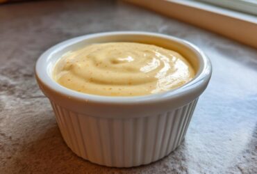 A close-up of creamy, orange-flecked Copycat Taco Bell Chicken Quesadilla Sauce in a white ramekin.