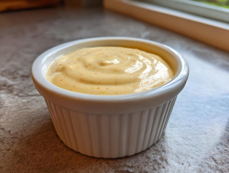 A close-up of creamy, orange-flecked Copycat Taco Bell Chicken Quesadilla Sauce in a white ramekin.