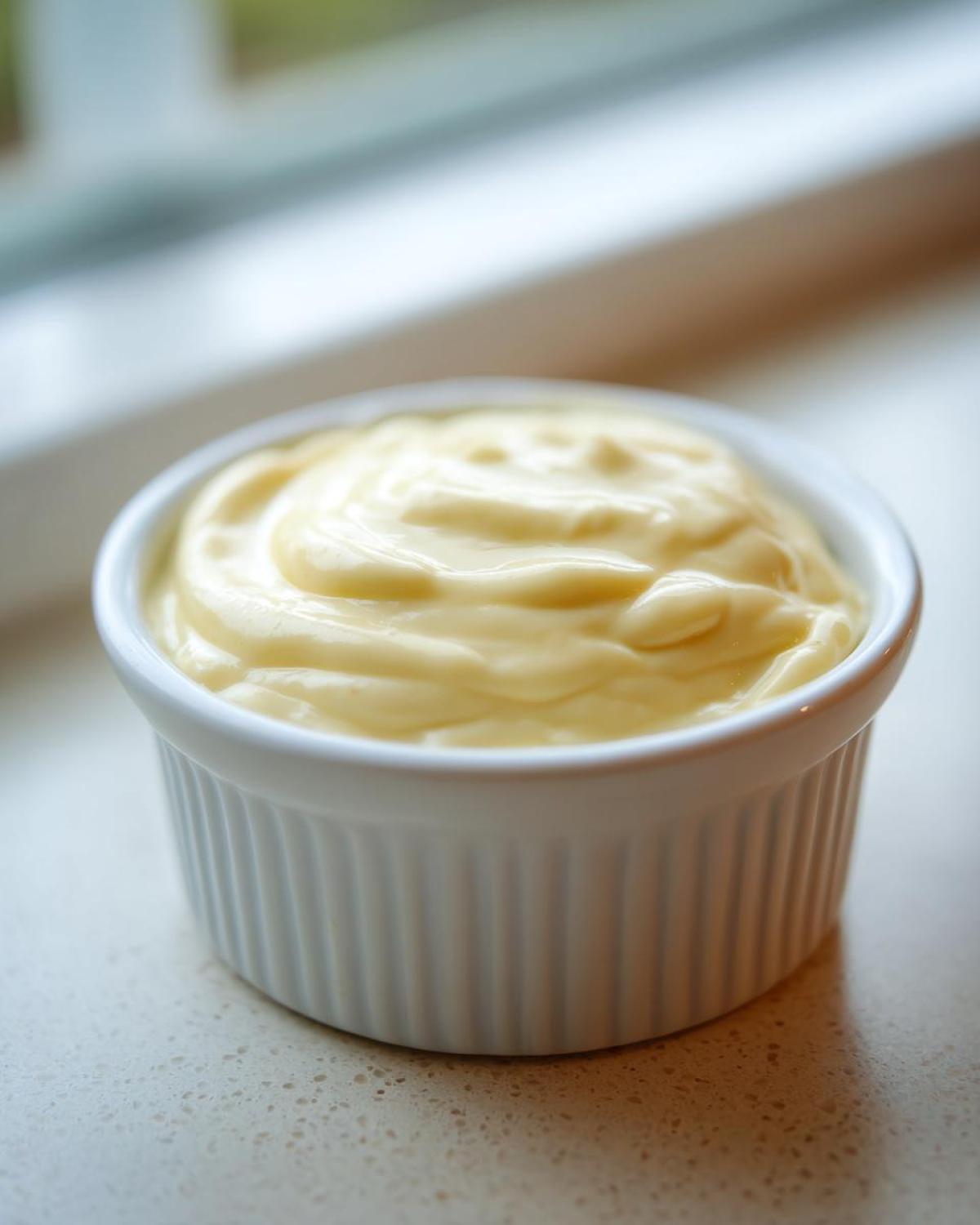 A small white ramekin filled with thick, creamy Copycat Taco Bell Chicken Quesadilla Sauce, sitting on a light countertop.