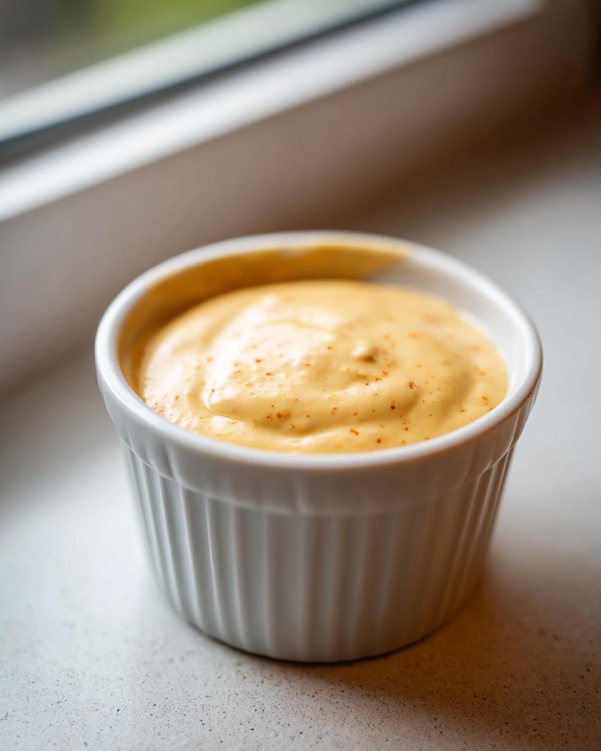 Close-up of creamy, orange-yellow Copycat Taco Bell Chicken Quesadilla Sauce sprinkled with paprika in a white ramekin.