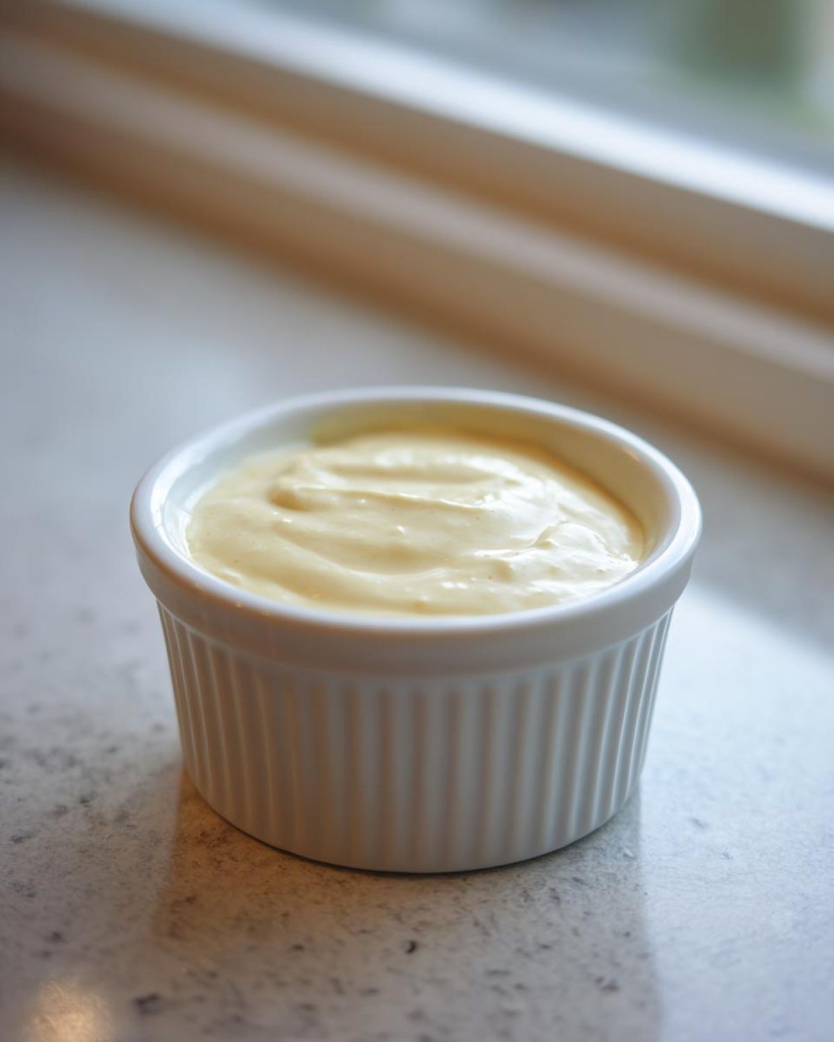 A small white ramekin filled with creamy, pale yellow Copycat Taco Bell Chicken Quesadilla Sauce.