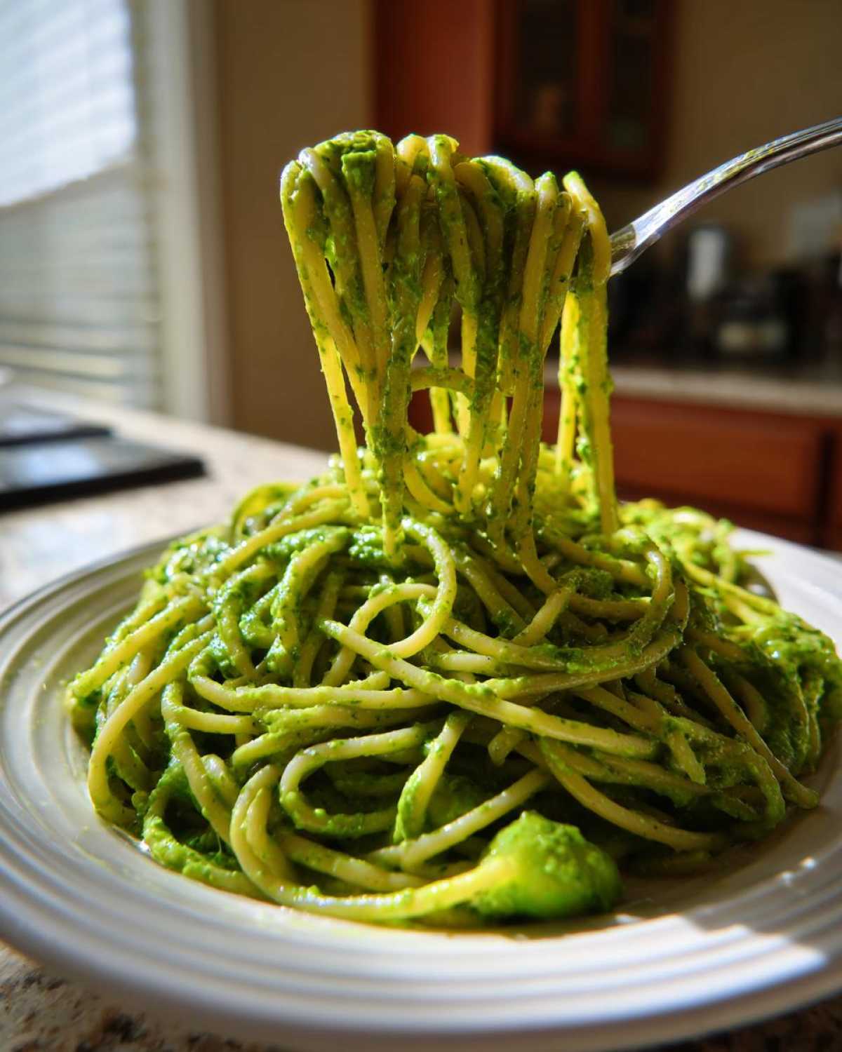 A fork lifts spaghetti coated in vibrant green Creamy Avocado Pasta sauce from a white plate.