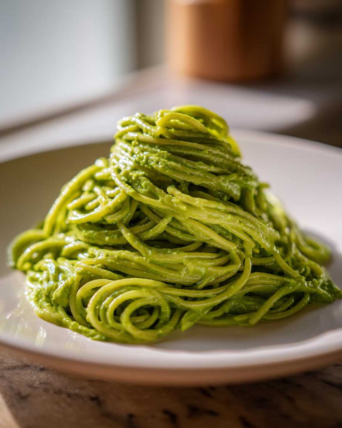 A close-up of a perfectly twirled mound of spaghetti coated in vibrant green Creamy Avocado Pasta sauce.
