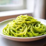 Close-up of bright green Creamy Avocado Pasta tossed with spaghetti on a light-colored plate.