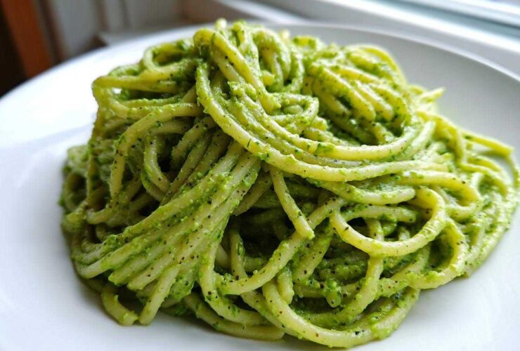 A mound of spaghetti coated in bright green, creamy avocado pasta sauce, served on a white plate.