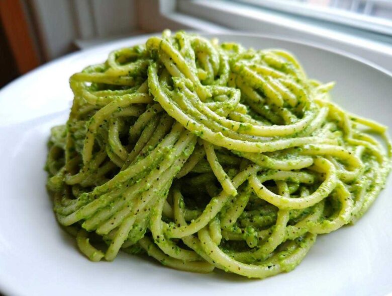 A mound of spaghetti coated in bright green, creamy avocado pasta sauce, served on a white plate.