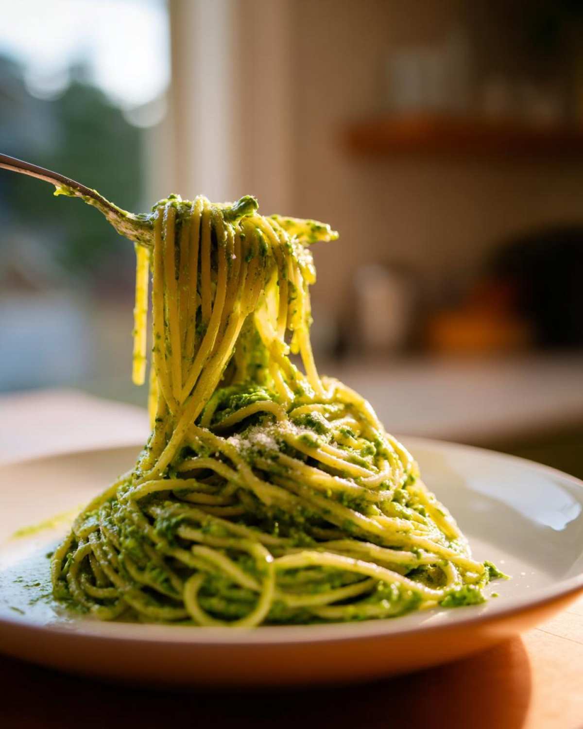A fork lifts spaghetti coated in vibrant green Creamy Avocado Pasta sauce, piled high on a white plate.
