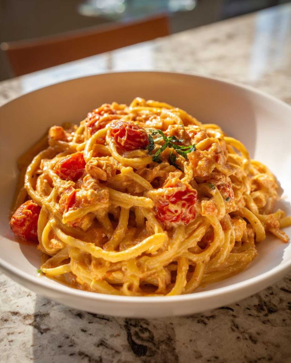A close-up of creamy Baked Feta Pasta with Cherry Tomatoes tossed with spaghetti in a white bowl.