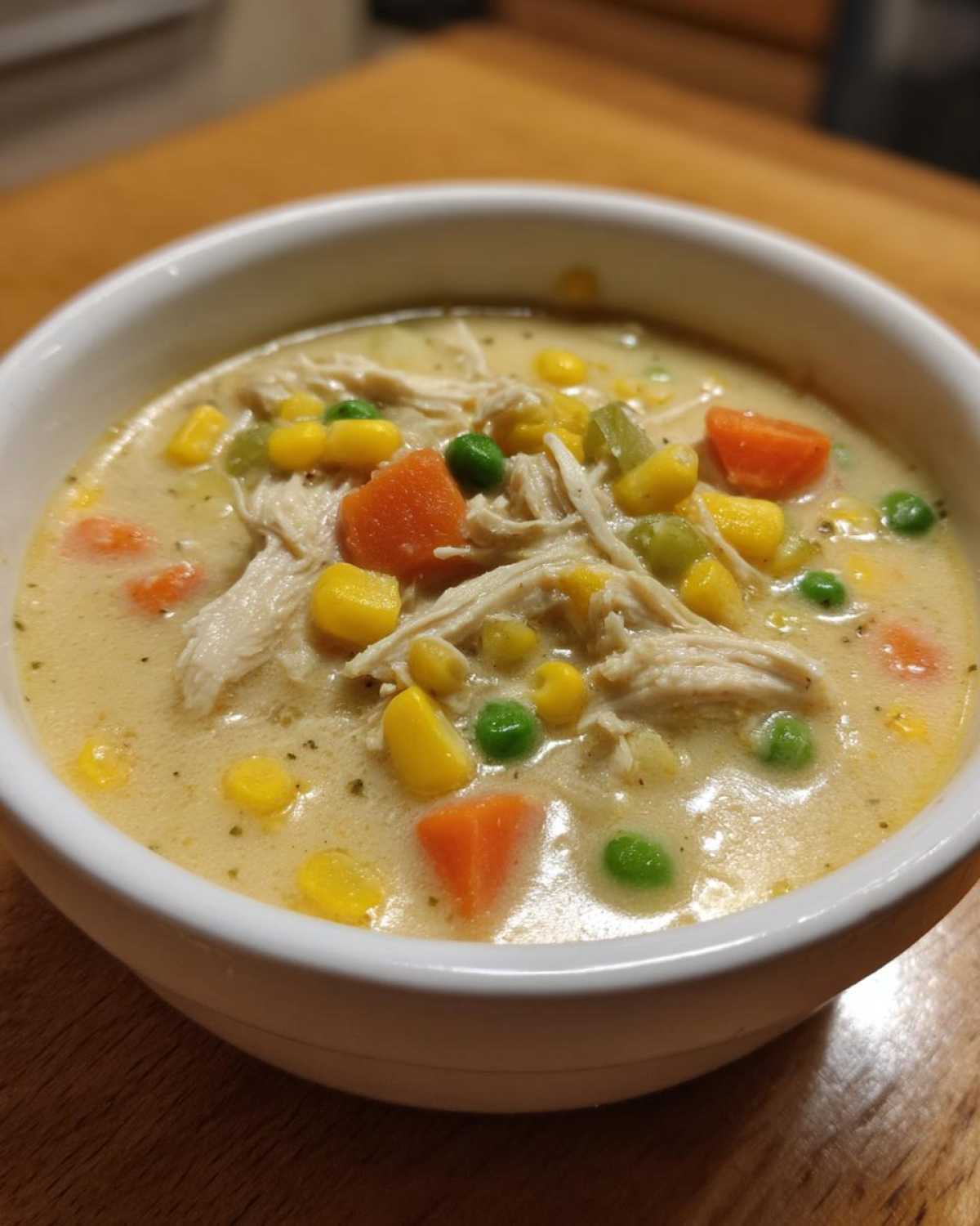 Close-up of a white bowl filled with creamy Chicken Pot Pie Soup, featuring shredded chicken, carrots, peas, and corn.
