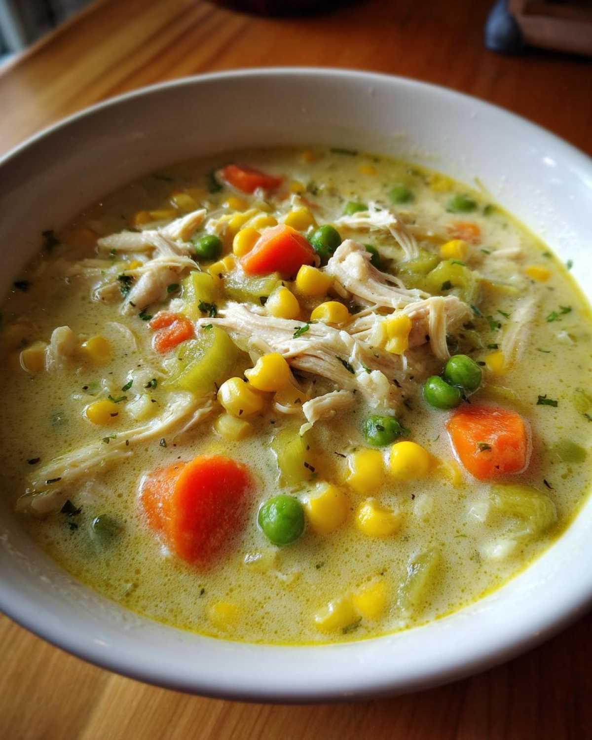Close-up of creamy Chicken Pot Pie Soup filled with shredded chicken, carrots, corn, and peas.