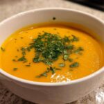 Close-up of a vibrant orange bowl of Creamy Coconut Lentil Soup topped with fresh chopped parsley.
