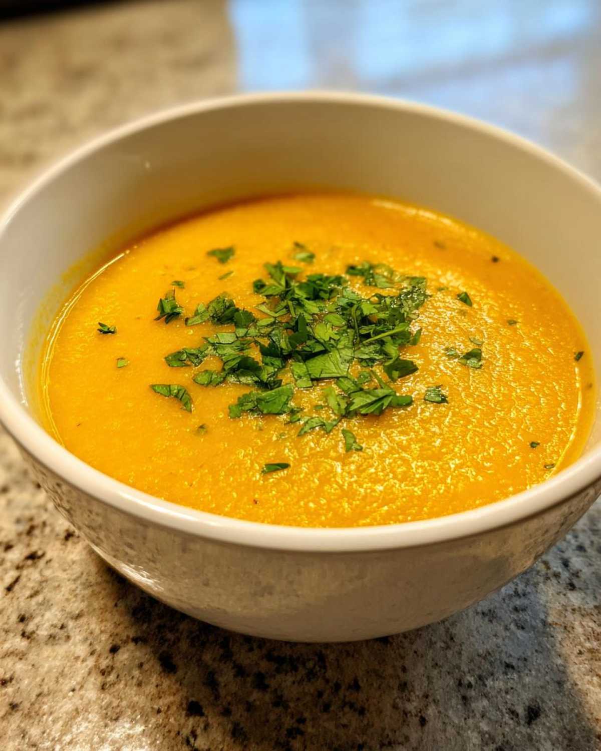 Close-up of a white bowl filled with bright orange Creamy Coconut Lentil Soup, garnished with fresh chopped parsley.