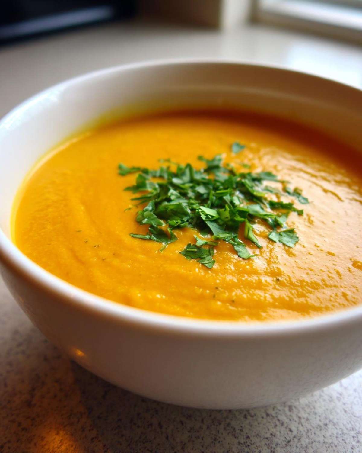 A close-up shot of vibrant orange Creamy Coconut Lentil Soup in a white bowl, topped with fresh green parsley.