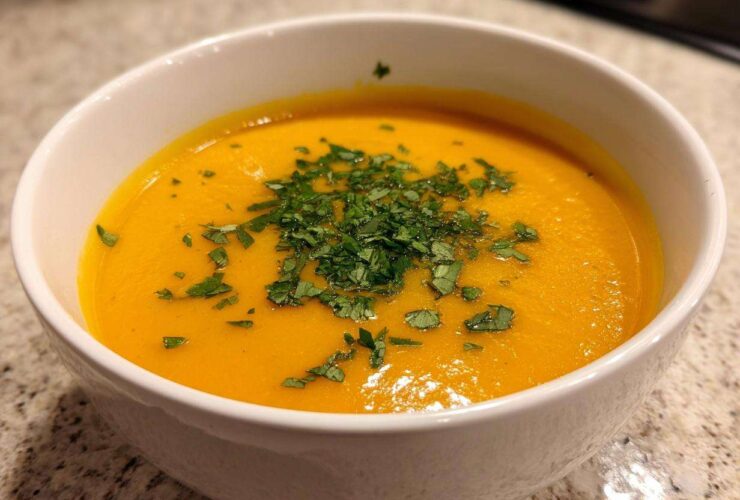 Close-up of a vibrant orange bowl of Creamy Coconut Lentil Soup topped with fresh chopped parsley.