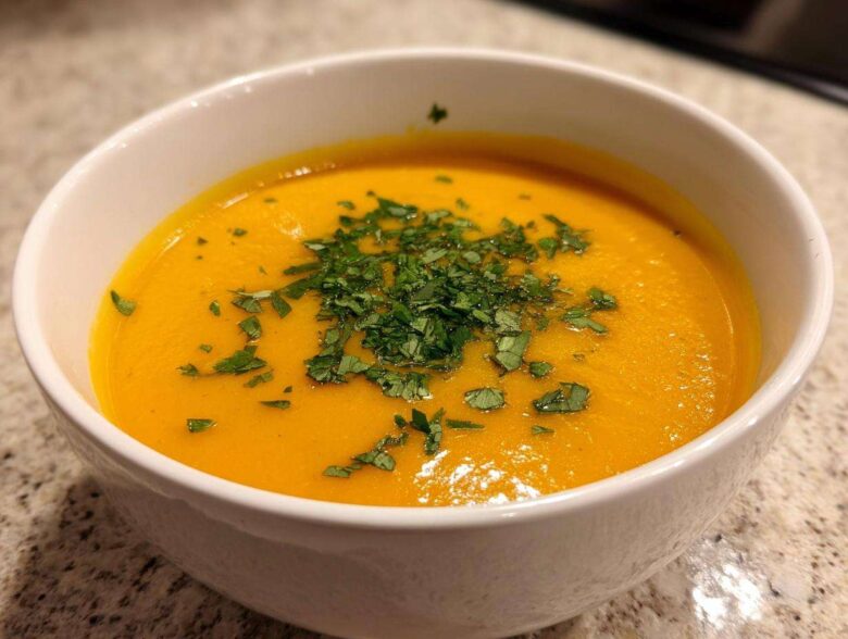 Close-up of a vibrant orange bowl of Creamy Coconut Lentil Soup topped with fresh chopped parsley.